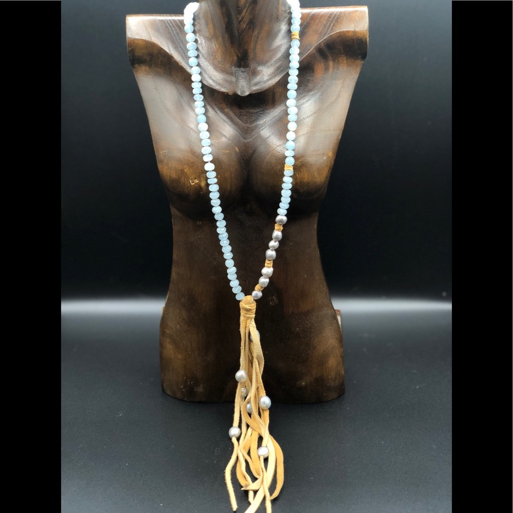 Hand knotted AquaMarine and Baroque Pearl Necklace